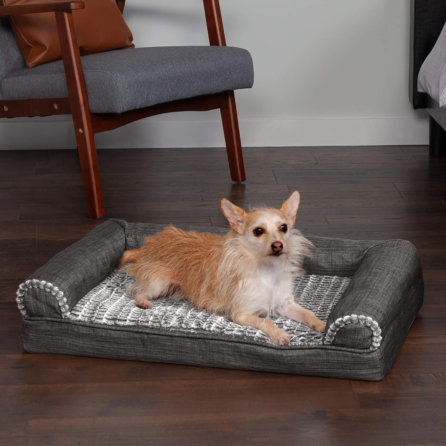Orthopedic Dog Bed for Medium/Small Dogs W/ Removable Bolsters & Washable Cover, for Dogs up to 35 Lbs - Luxe Faux Fur & Performance Linen Sofa - Charcoal, Medium