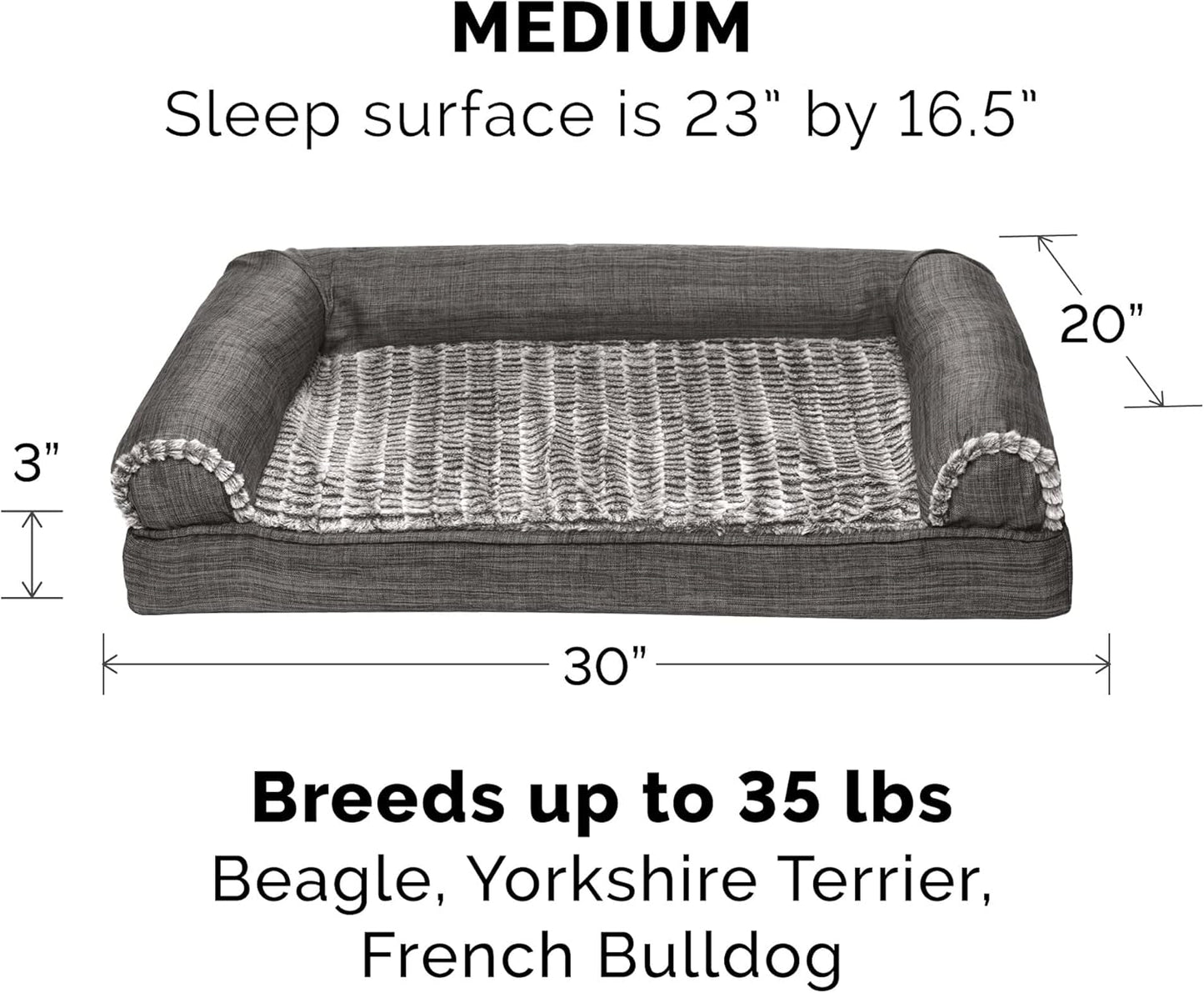 Orthopedic Dog Bed for Medium/Small Dogs W/ Removable Bolsters & Washable Cover, for Dogs up to 35 Lbs - Luxe Faux Fur & Performance Linen Sofa - Charcoal, Medium