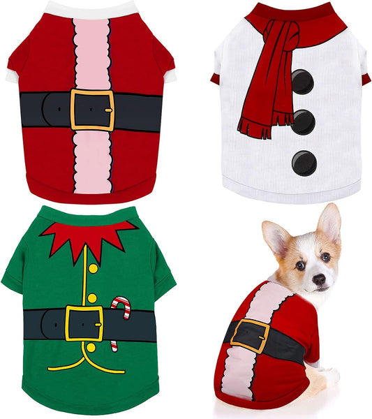 3-Piece Dog & Cat Christmas Shirts - Santa Claus, Snowman, Elf Patterns - Large, Cotton/Polyester, Cosplay Pet Apparel