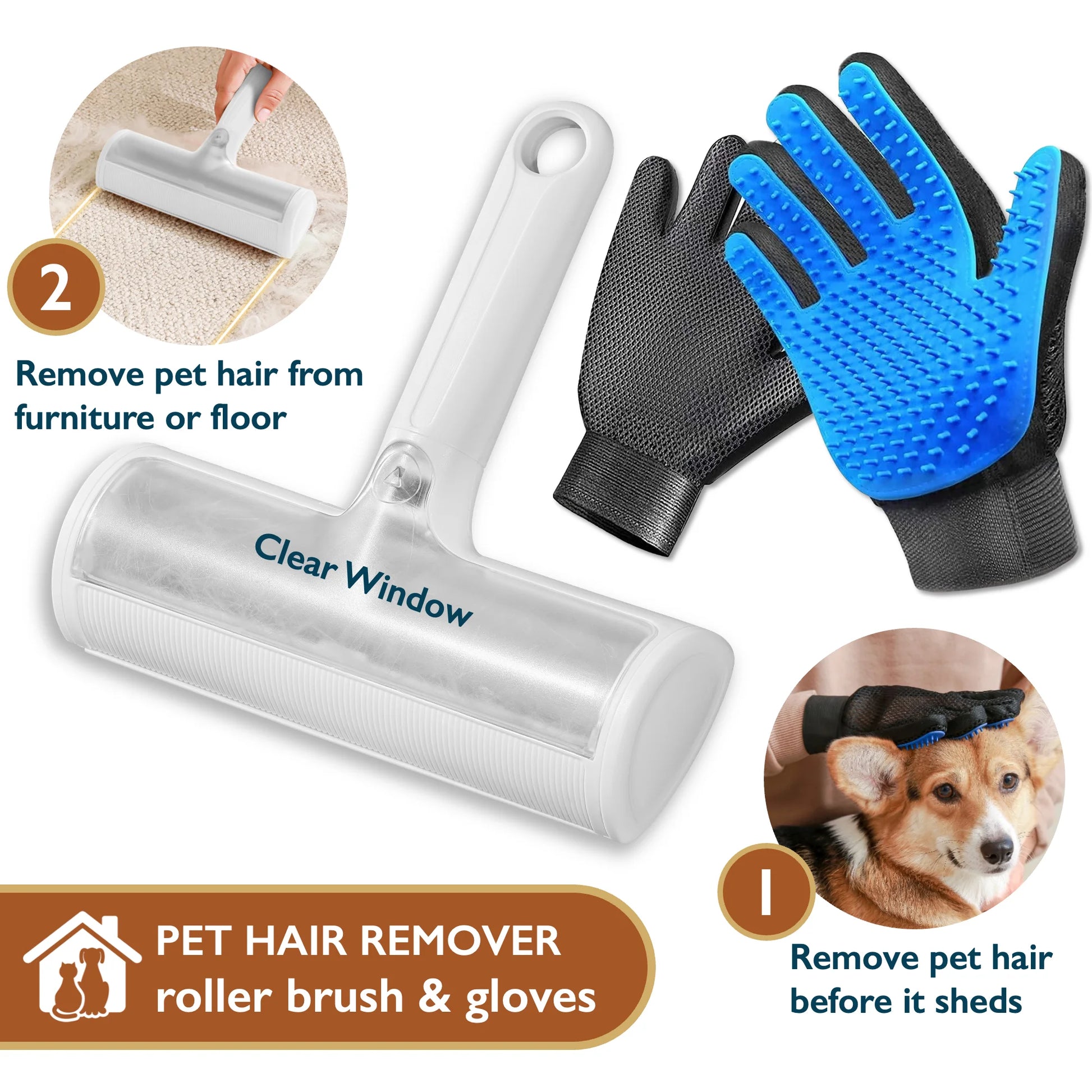 Pet Hair Remover & Pet Grooming Gloves Set, Dog/Cat Grooming Washing Gloves, Dog Brush Deshedding Tool, Reusable Lint Roller for Pet Hair, Dog/Cat Hair/Fur Remover for Carpet, Furniture