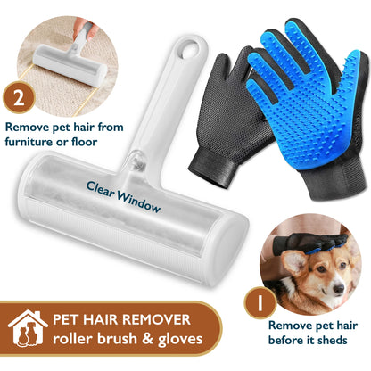 Pet Hair Remover & Pet Grooming Gloves Set, Dog/Cat Grooming Washing Gloves, Dog Brush Deshedding Tool, Reusable Lint Roller for Pet Hair, Dog/Cat Hair/Fur Remover for Carpet, Furniture