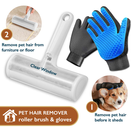 Pet Hair Remover & Pet Grooming Gloves Set, Dog/Cat Grooming Washing Gloves, Dog Brush Deshedding Tool, Reusable Lint Roller for Pet Hair, Dog/Cat Hair/Fur Remover for Carpet, Furniture